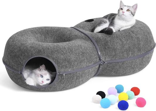 Large 8-Shaped Cat Tunnel Bed with 12 Toy Balls Indoor Peekaboo Cat Cave Dark Grey L(38X24X11)