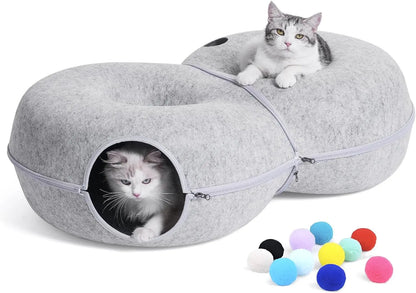 Large 8-Shaped Cat Tunnel Bed with 12 Toy Balls Indoor Peekaboo Cat Cave Light Grey L(38X24X11)