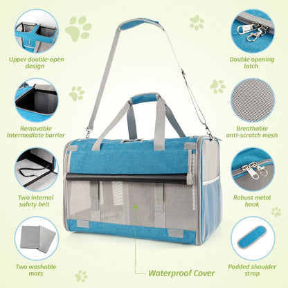 Large Dual Cat Carrier 38lb Capacity Soft Sided Pet Travel Bag w/ Divider & Mesh