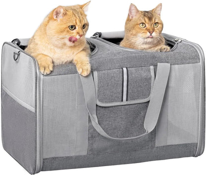 Large Dual Cat Carrier 38lb Capacity Soft Sided Pet Travel Bag w/ Divider & Mesh Grey