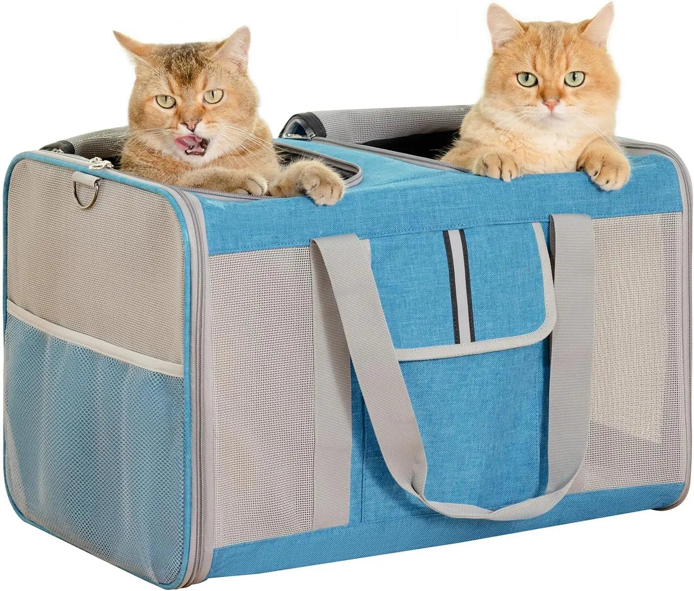 Large Dual Cat Carrier 38lb Capacity Soft Sided Pet Travel Bag w/ Divider & Mesh Blue