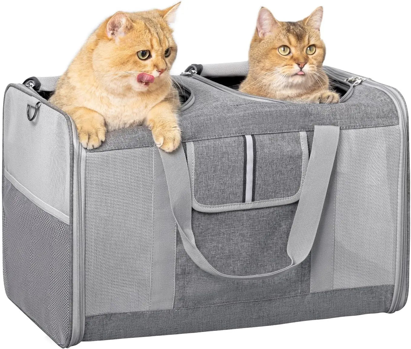 Large Dual Cat Carrier 38lb Capacity Soft Sided Pet Travel Bag w/ Divider & Mesh Grey
