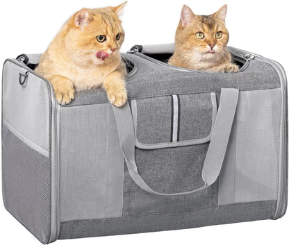 Large Dual Cat Carrier 38lb Capacity Soft Sided Pet Travel Bag w/ Divider & Mesh Grey