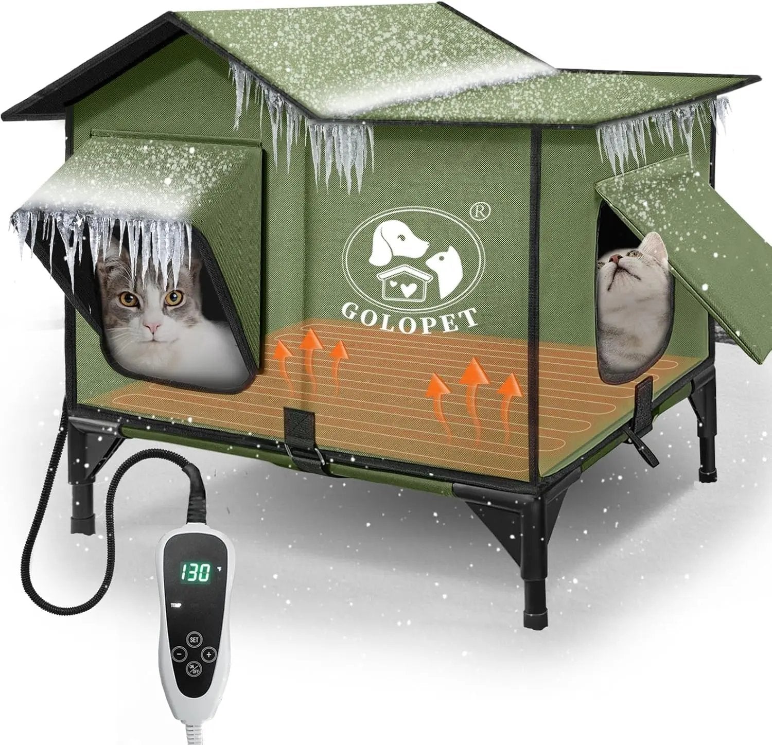 Large Heated Outdoor Cat House for 2 with Thermostat & Waterproof Insulation New Green Large-Double Cat