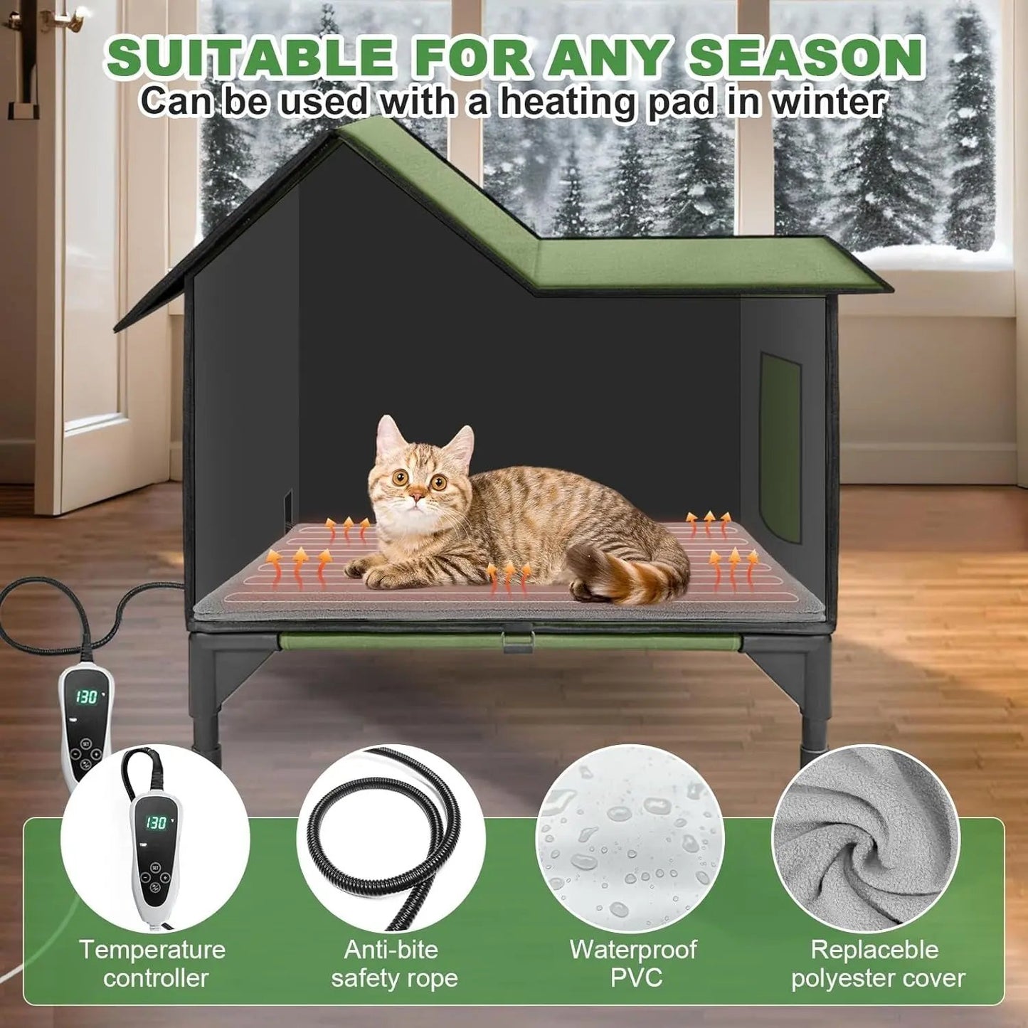 Large Heated Outdoor Cat House for 2 with Thermostat & Waterproof Insulation