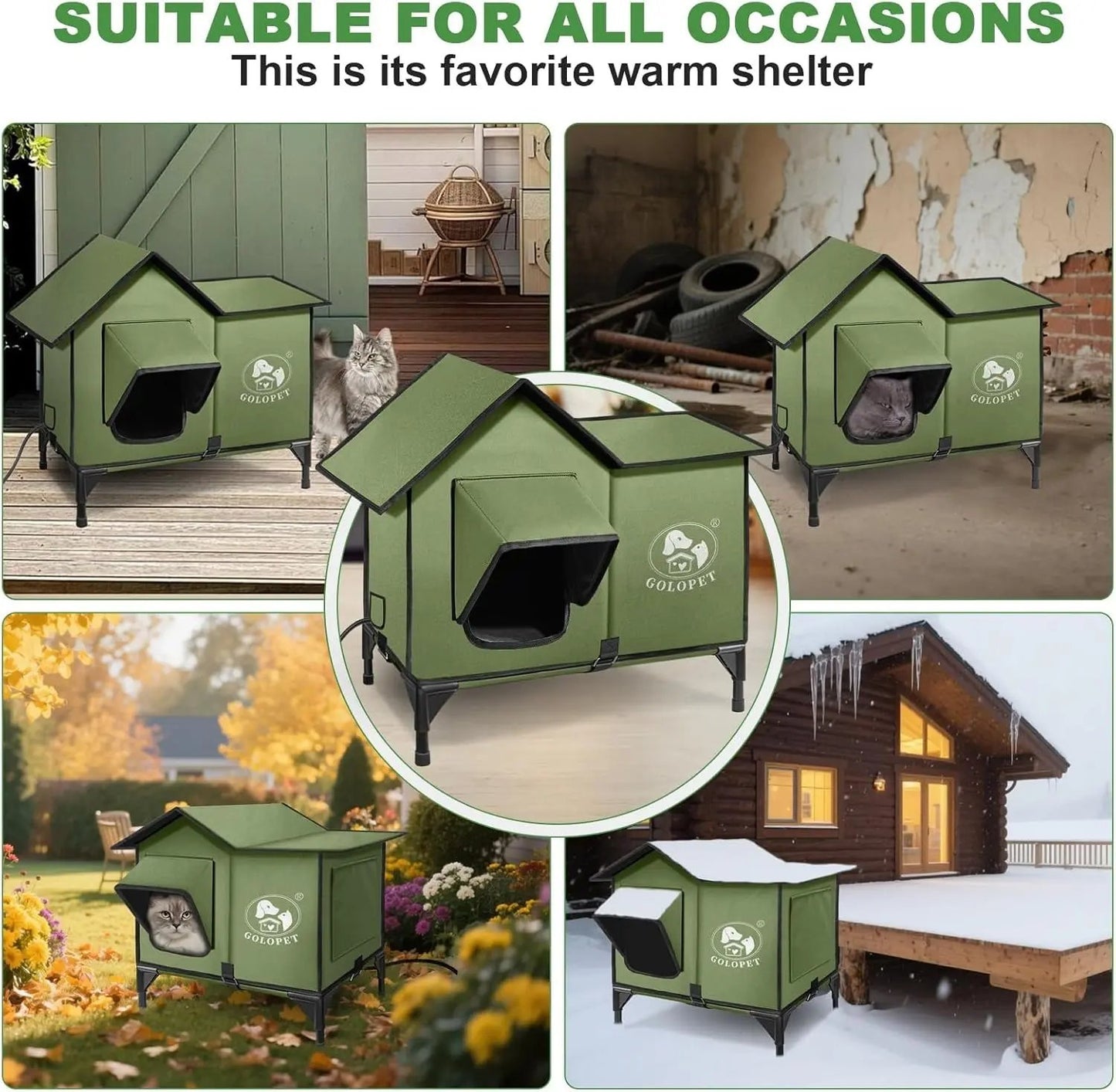 Large Heated Outdoor Cat House for 2 with Thermostat & Waterproof Insulation