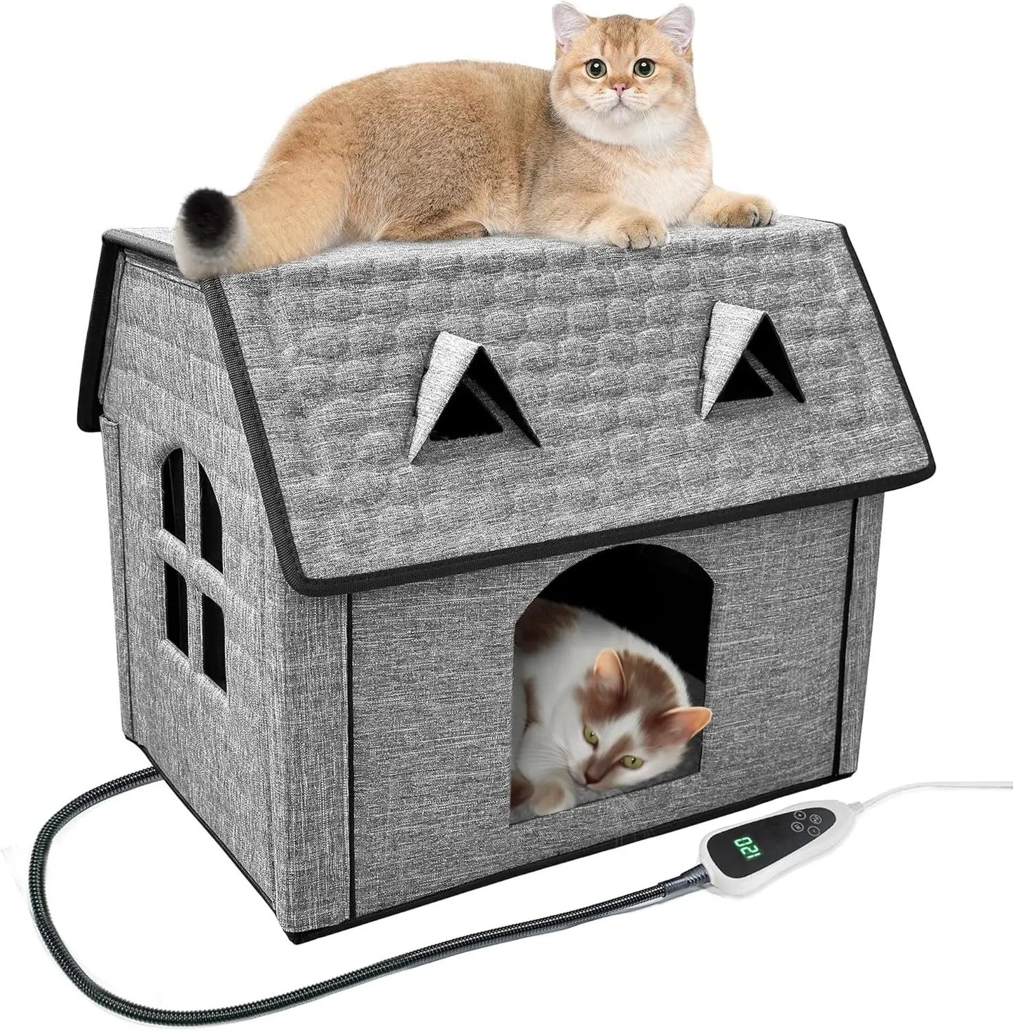 Large Heated Outdoor Cat House for 2 with Thermostat & Waterproof Insulation Coffee Color Medium-Adult Cat