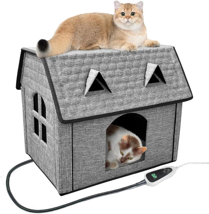 Large Heated Outdoor Cat House for 2 with Thermostat & Waterproof Insulation Coffee Color Medium-Adult Cat