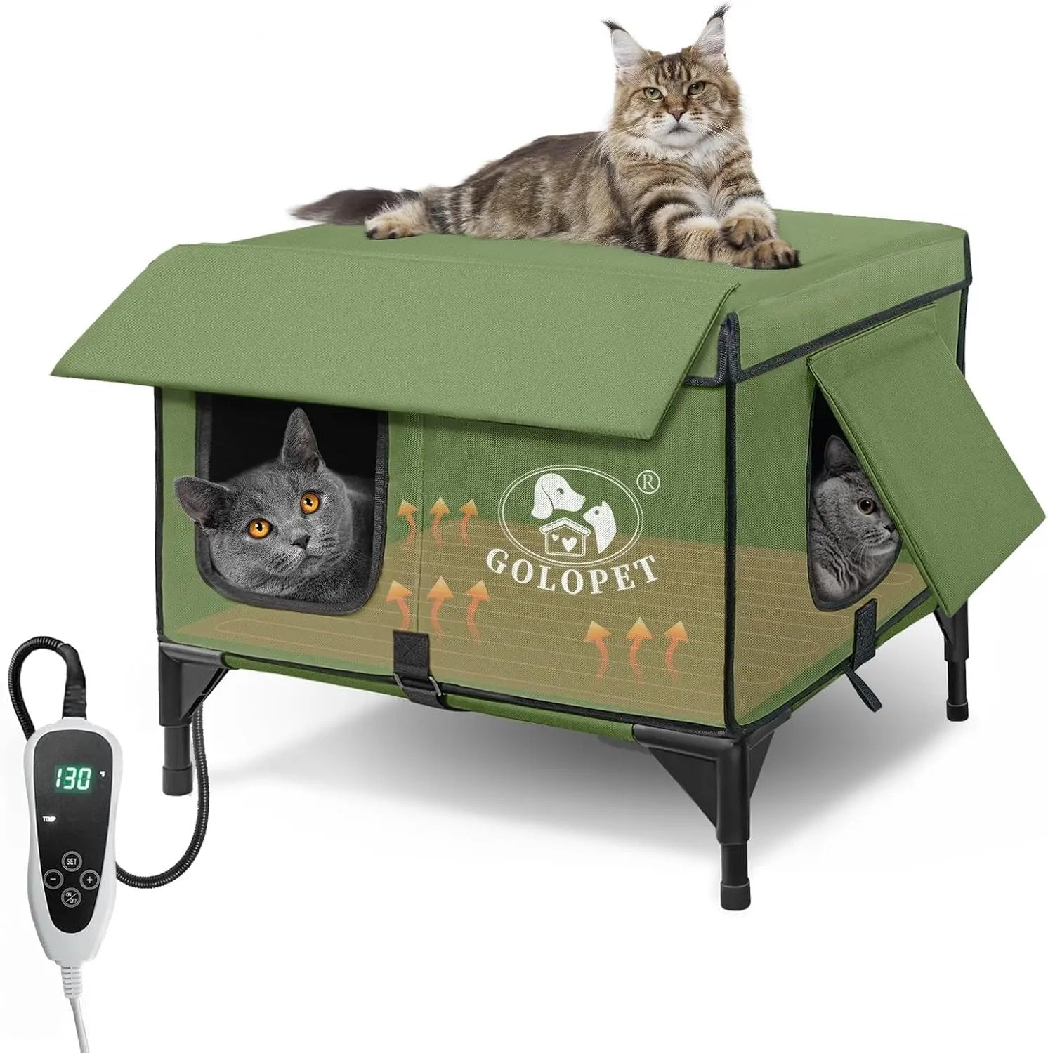 Large Heated Outdoor Cat House for 2 with Thermostat & Waterproof Insulation Green Large-Double Cat