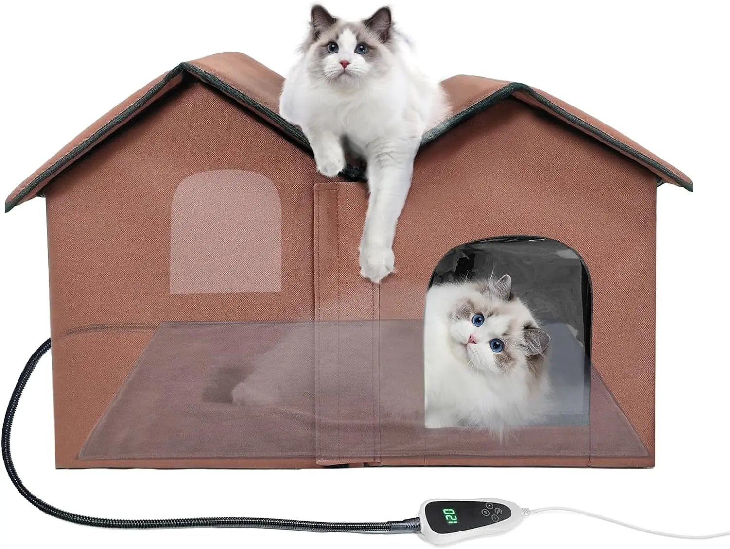 Large Heated Outdoor Cat House for 2 with Thermostat & Waterproof Insulation Coffee Color Large-Double Cat