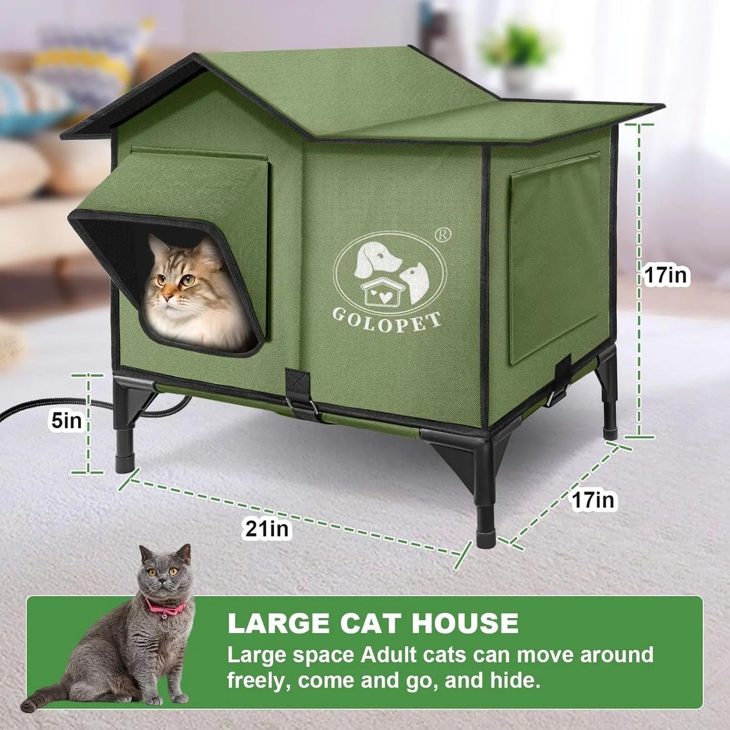 Large Heated Outdoor Cat House for 2 with Thermostat & Waterproof Insulation