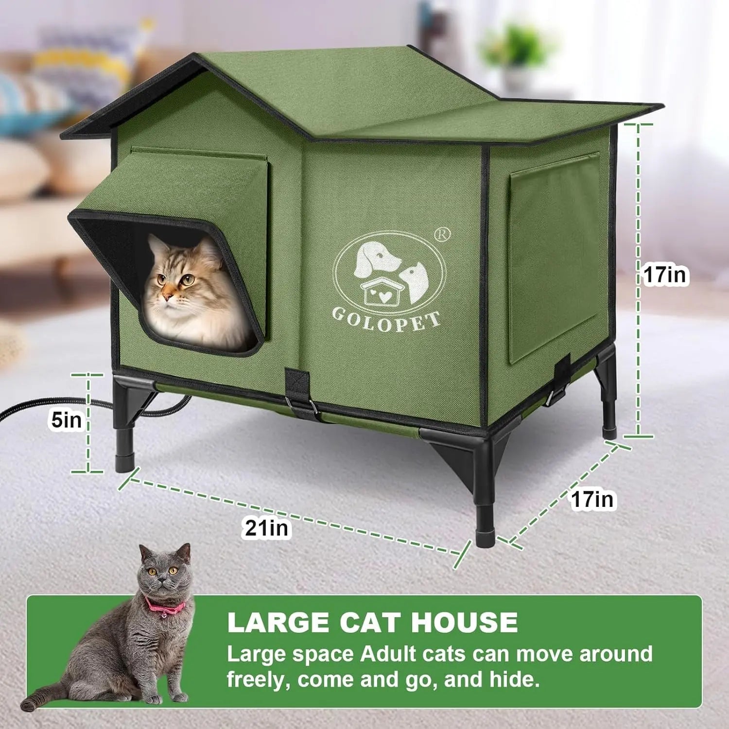 Large Heated Outdoor Cat House for 2 with Thermostat & Waterproof Insulation
