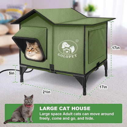 Large Heated Outdoor Cat House for 2 with Thermostat & Waterproof Insulation