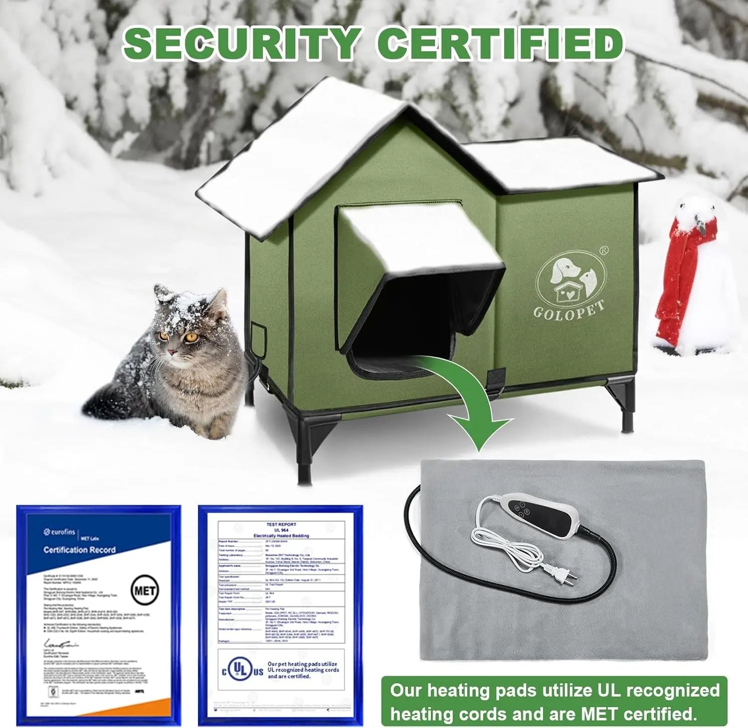 Large Heated Outdoor Cat House for 2 with Thermostat & Waterproof Insulation