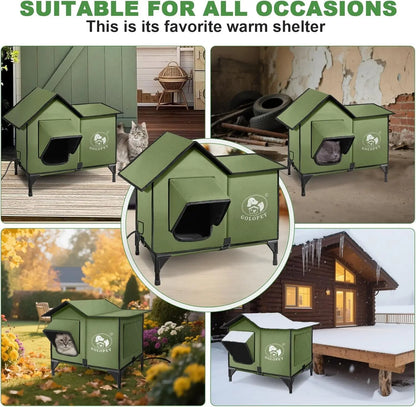 Large Heated Outdoor Cat House for 2 with Thermostat & Waterproof Insulation