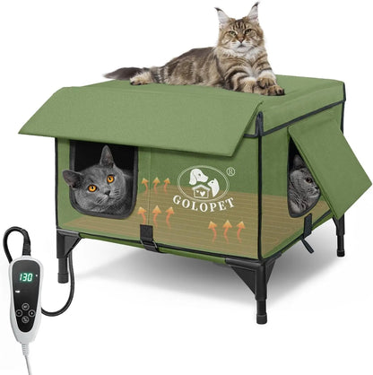Large Heated Outdoor Cat House for 2 with Thermostat & Waterproof Insulation Green Large-Double Cat