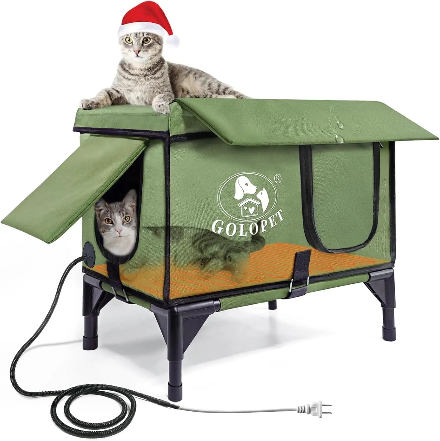 Large Heated Outdoor Cat House for 2 with Thermostat & Waterproof Insulation Green Medium-Adult Cat