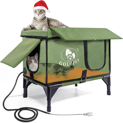 Large Heated Outdoor Cat House for 2 with Thermostat & Waterproof Insulation Green Medium-Adult Cat