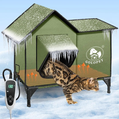 Large Heated Outdoor Cat House for 2 with Thermostat & Waterproof Insulation New Green Medium-Adult Cat