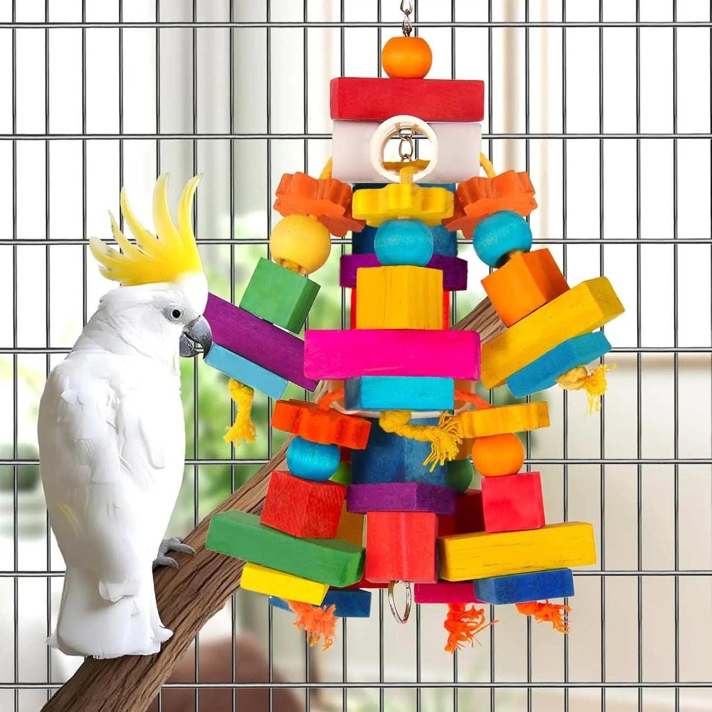 Large Parrot Toy Wooden Chew Blocks for Macaw African Grey Cockatoo Cage