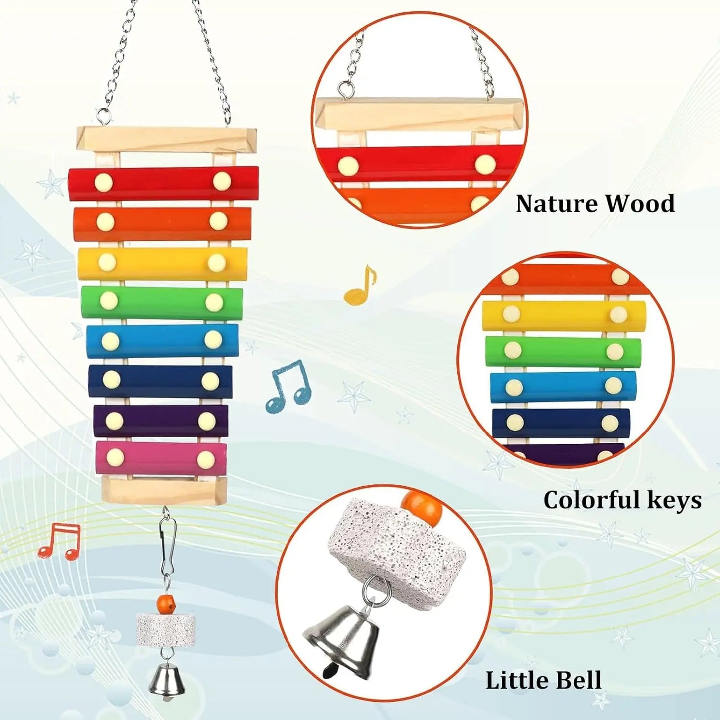 Large Parrot Xylophone Toy – Wooden Chew Toy with Grinding Stone for Birds