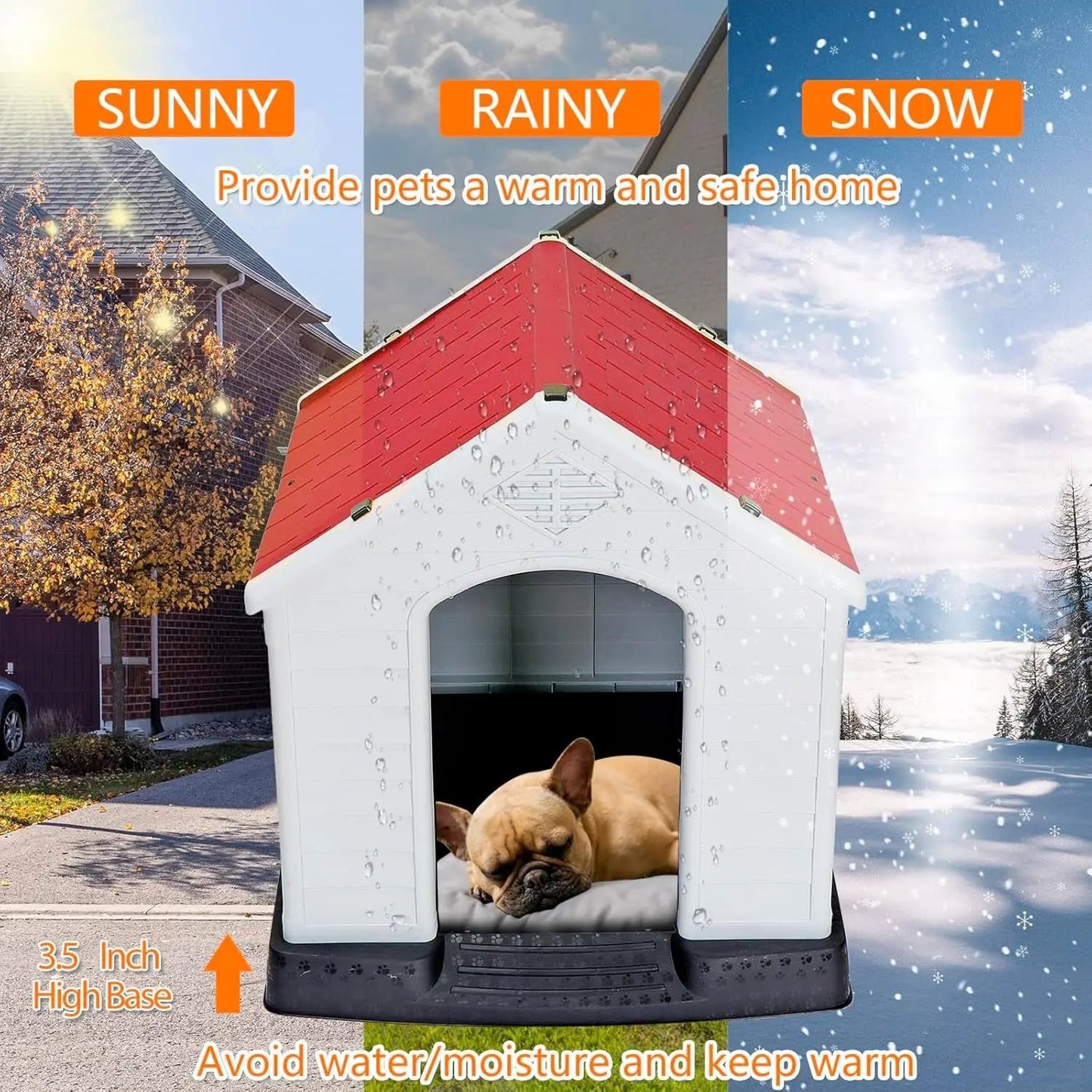 Waterproof Plastic Large Dog House –Outdoor & Indoor Kennel w/ Vents,Raised Floor