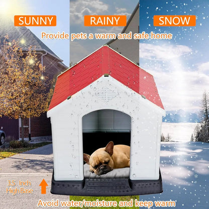 Waterproof Plastic Large Dog House –Outdoor & Indoor Kennel w/ Vents,Raised Floor