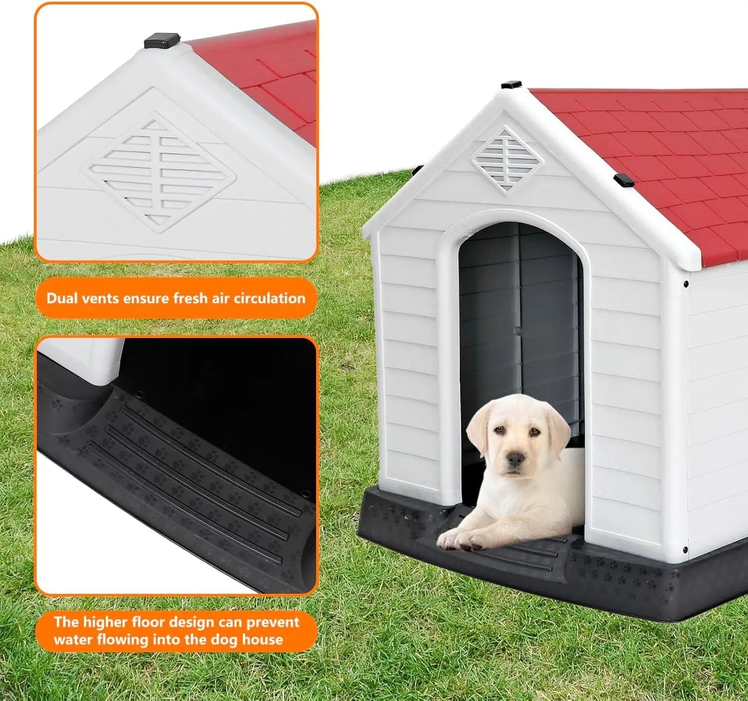 Waterproof Plastic Large Dog House –Outdoor & Indoor Kennel w/ Vents,Raised Floor