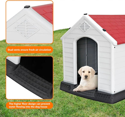 Waterproof Plastic Large Dog House –Outdoor & Indoor Kennel w/ Vents,Raised Floor