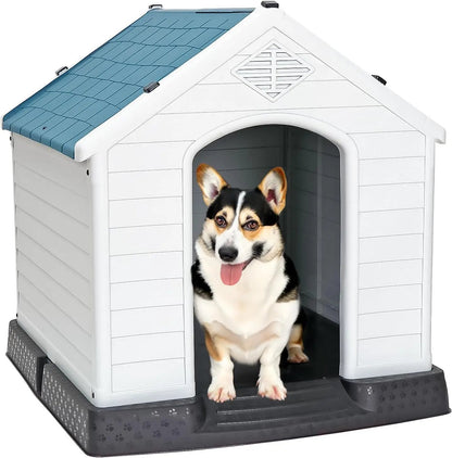 Waterproof Plastic Large Dog House –Outdoor & Indoor Kennel w/ Vents,Raised Floor Blue 28" H*26" W*26" D