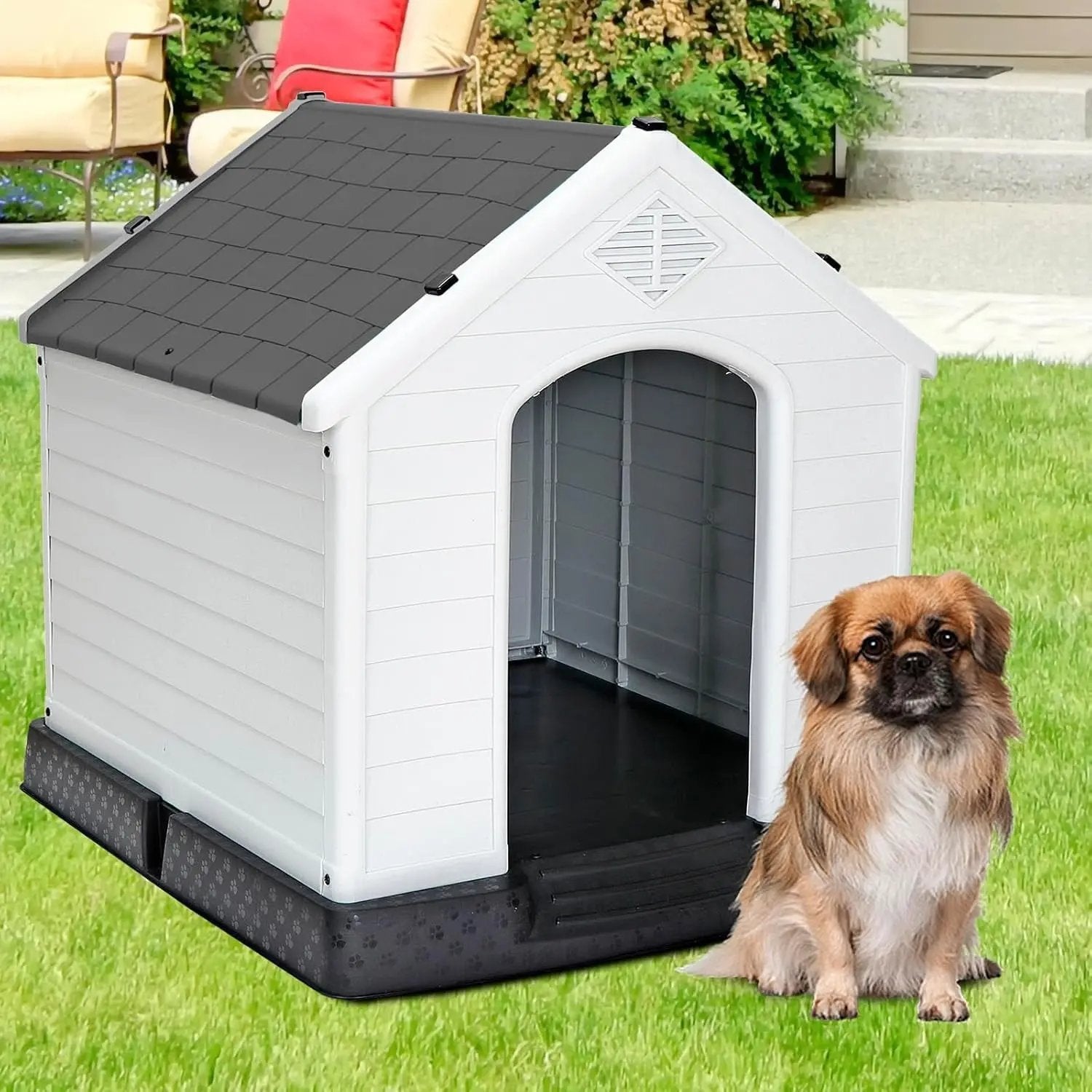 Waterproof Plastic Large Dog House –Outdoor & Indoor Kennel w/ Vents,Raised Floor Grey 28" H*26" W*26" D