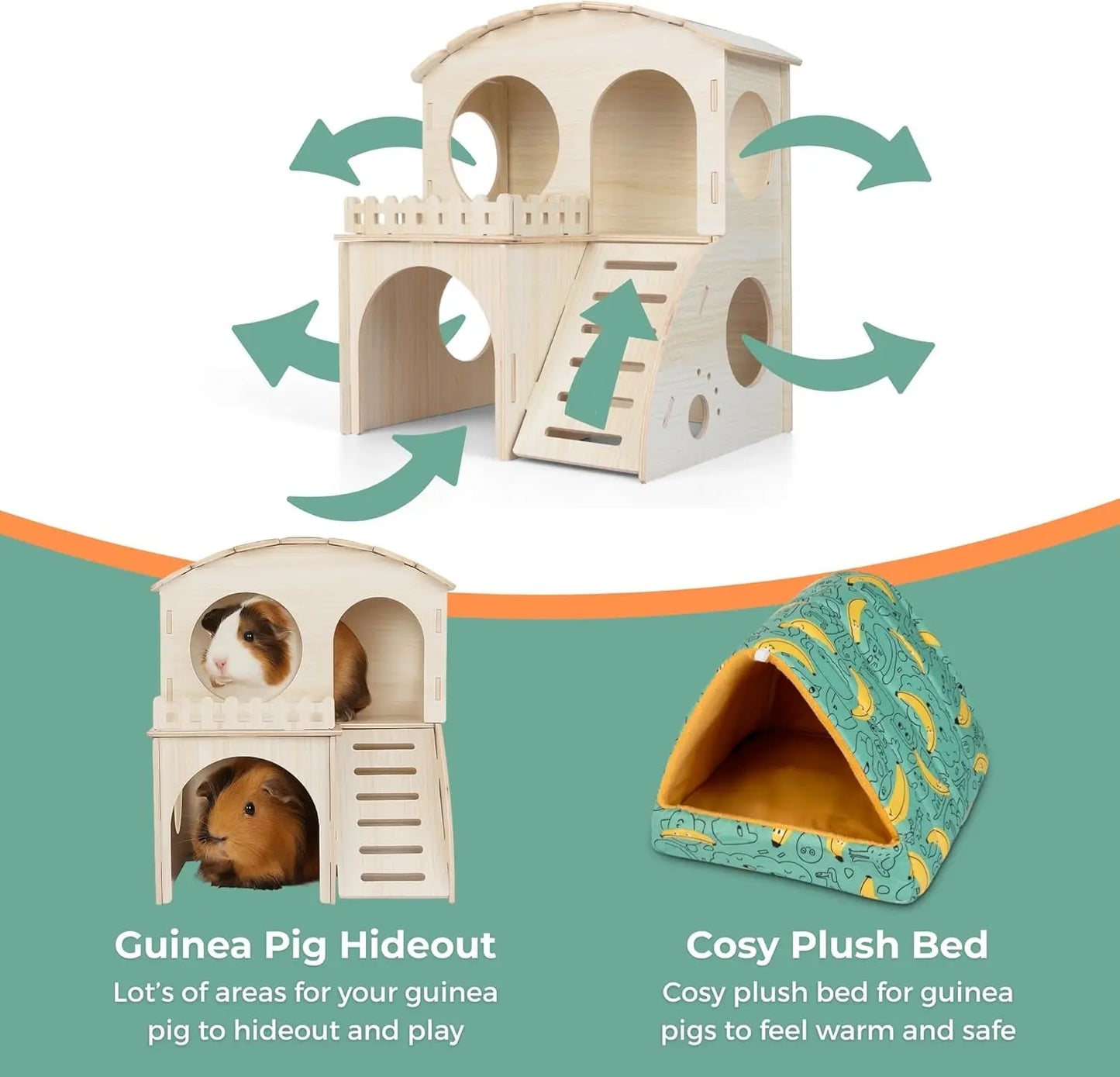 Large Wooden Guinea Pig Hideout Castle – 2-Story House with Bed & Chew Toy Bundle