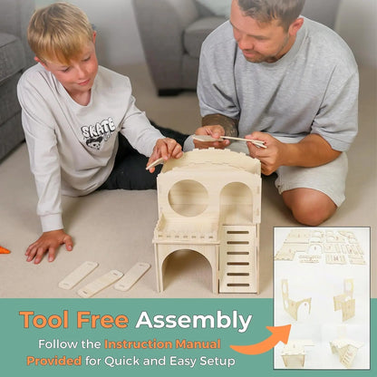 Large Wooden Guinea Pig Hideout Castle – 2-Story House with Bed & Chew Toy Bundle