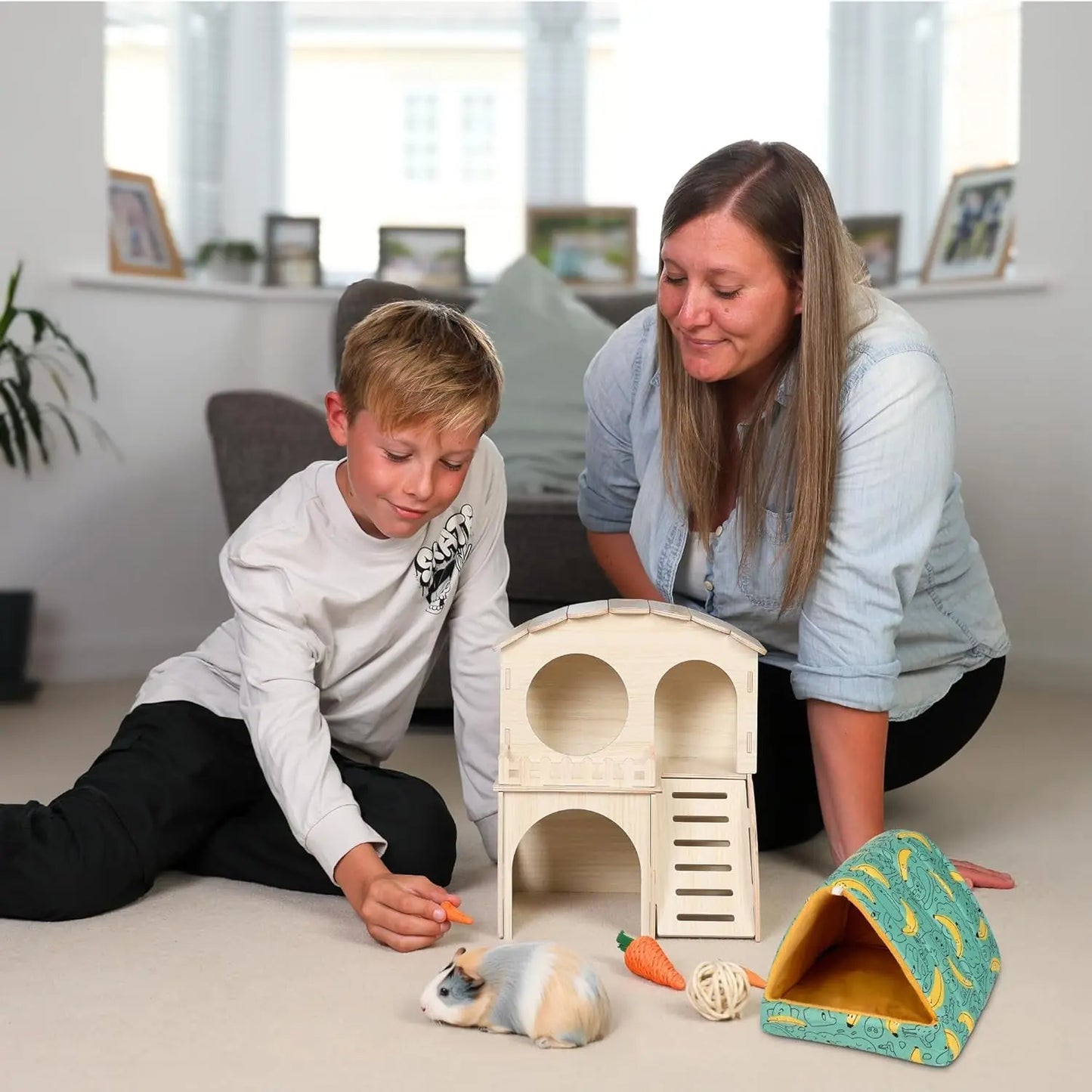 Large Wooden Guinea Pig Hideout Castle – 2-Story House with Bed & Chew Toy Bundle