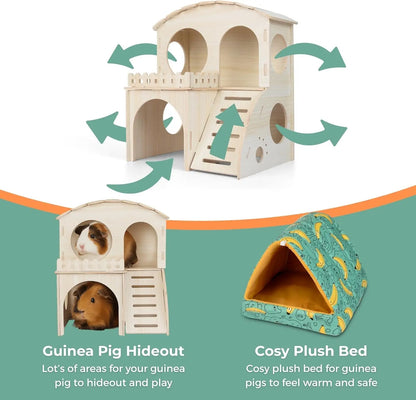 Large Wooden Guinea Pig Hideout Castle – 2-Story House with Bed & Chew Toy Bundle