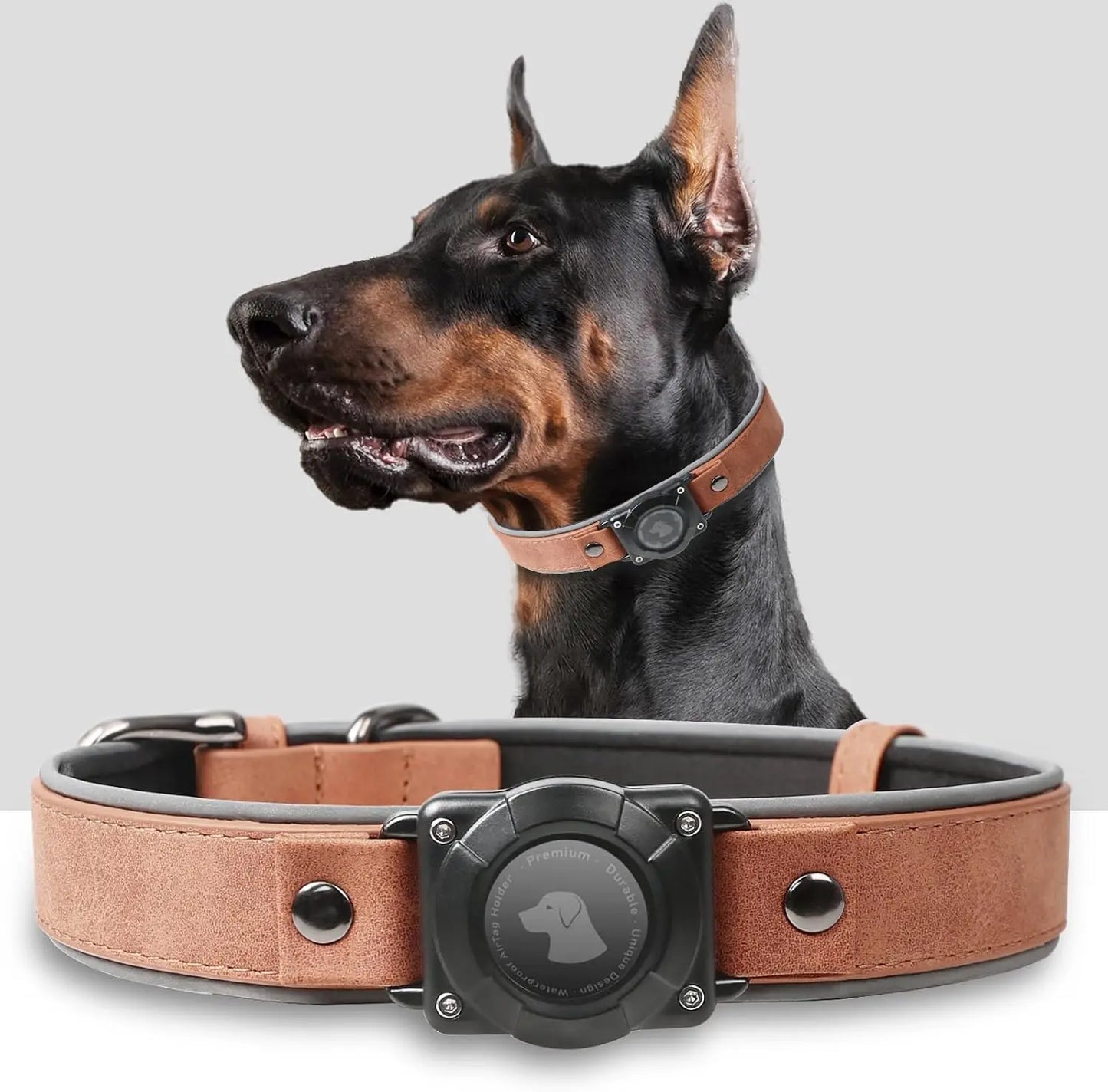 Leather AirTag Dog Collar, Water-Resistant, Reflective, Adjustable, Built-In AirTag Holder Mahogany Brown