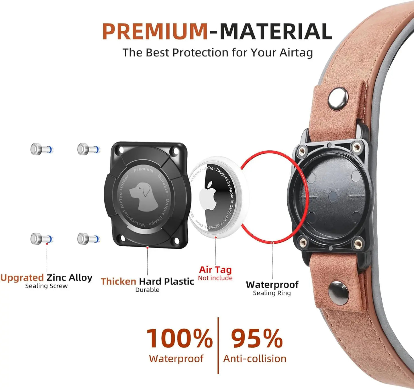 Leather AirTag Dog Collar, Water-Resistant, Reflective, Adjustable, Built-In AirTag Holder