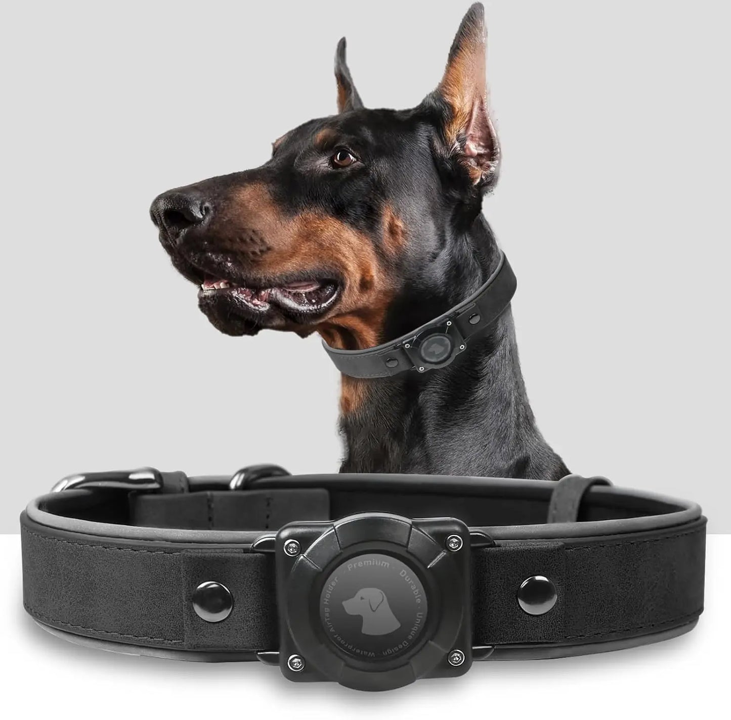 Leather AirTag Dog Collar, Water-Resistant, Reflective, Adjustable, Built-In AirTag Holder Black