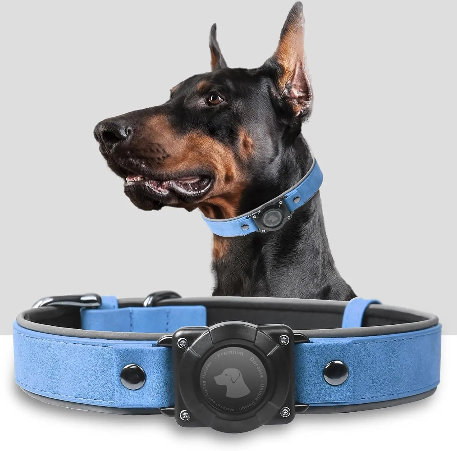 Leather AirTag Dog Collar, Water-Resistant, Reflective, Adjustable, Built-In AirTag Holder Blue