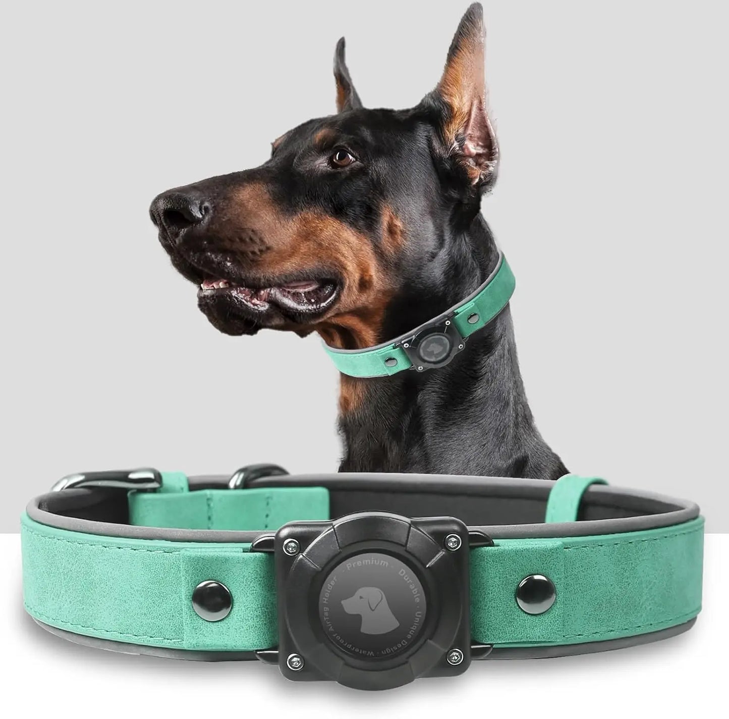 Leather AirTag Dog Collar, Water-Resistant, Reflective, Adjustable, Built-In AirTag Holder