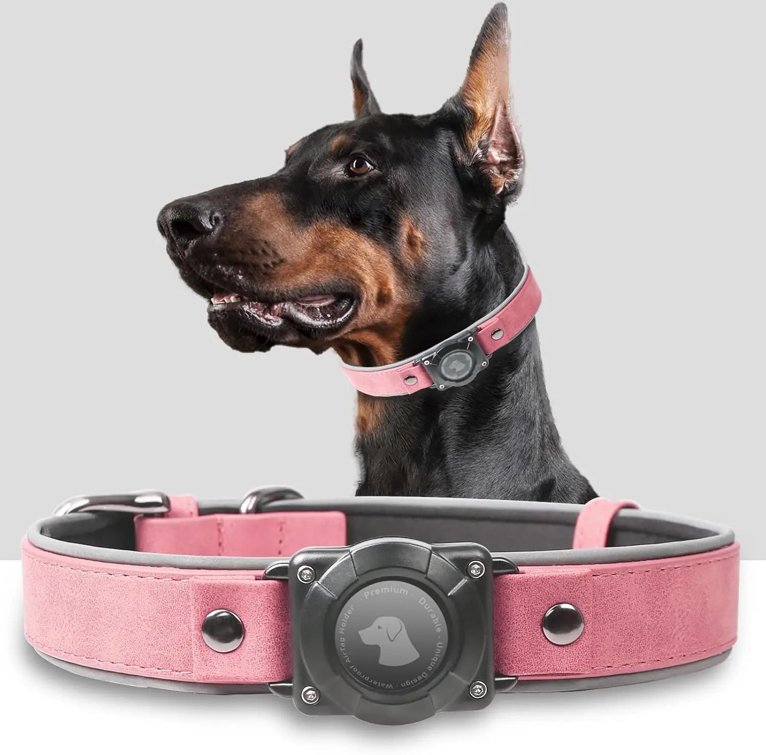 Leather AirTag Dog Collar, Water-Resistant, Reflective, Adjustable, Built-In AirTag Holder Pink