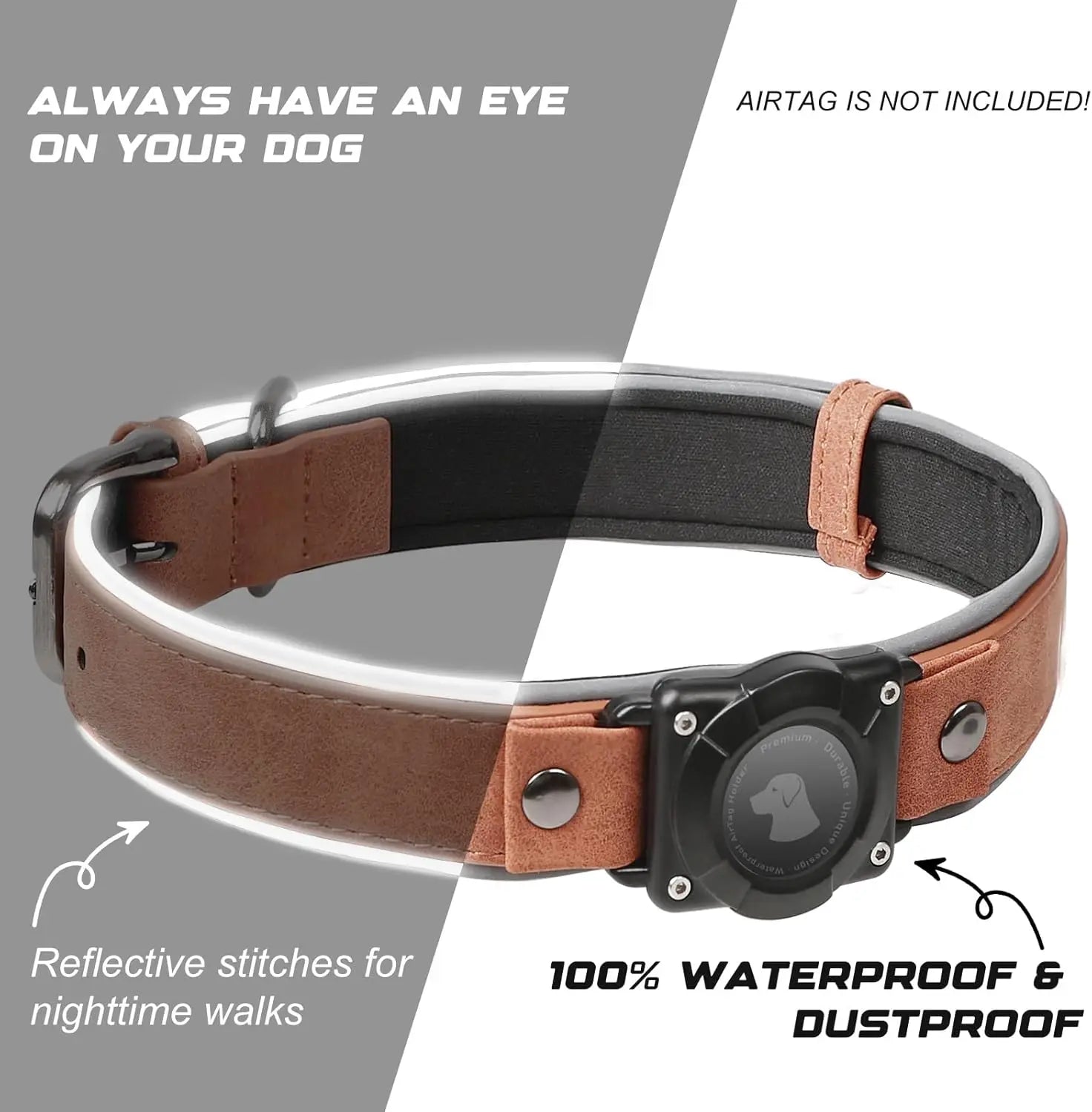 Leather AirTag Dog Collar, Water-Resistant, Reflective, Adjustable, Built-In AirTag Holder