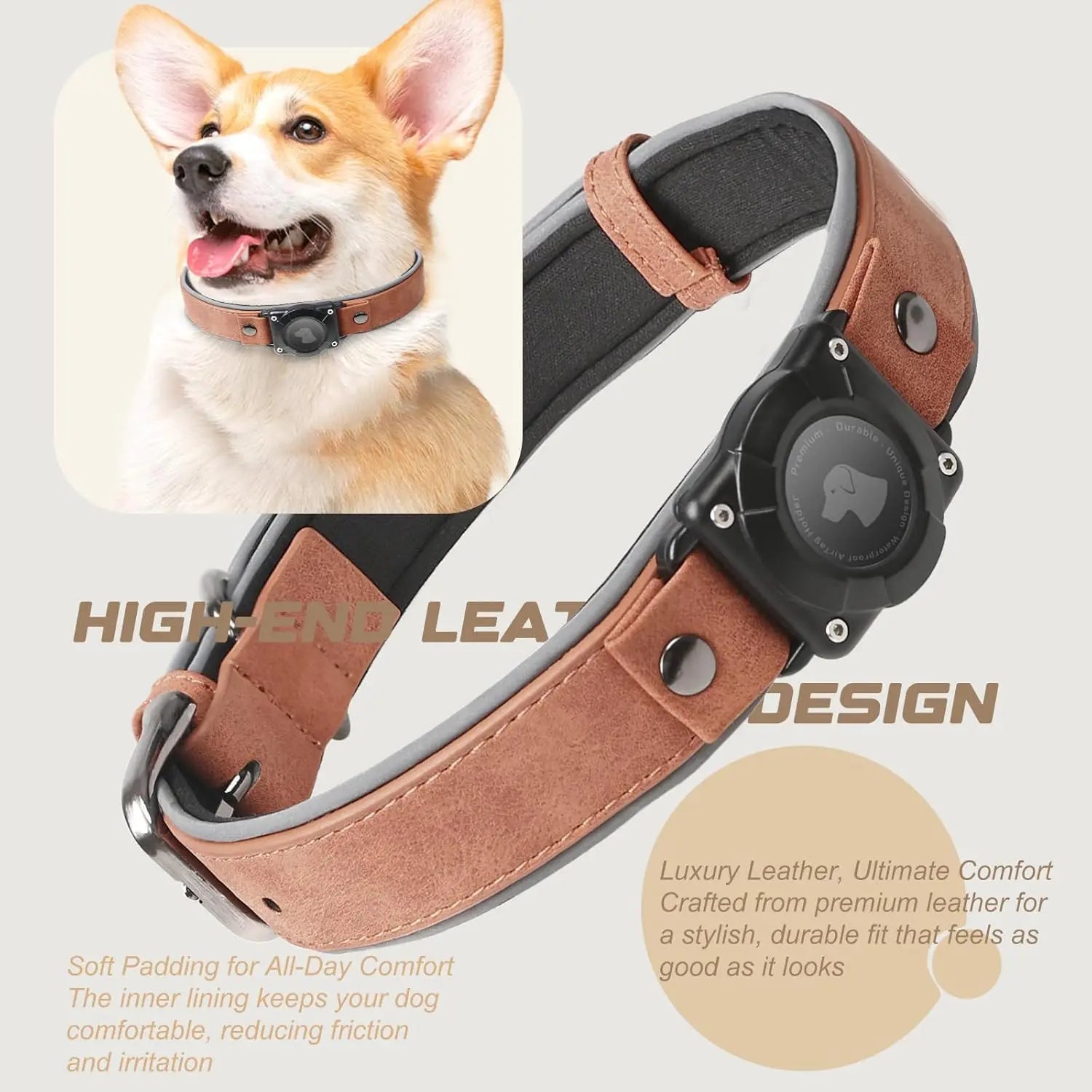 Leather AirTag Dog Collar, Water-Resistant, Reflective, Adjustable, Built-In AirTag Holder