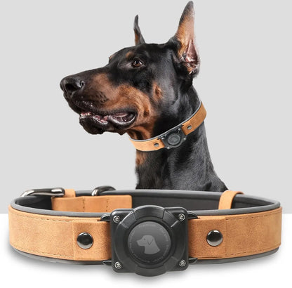 Leather AirTag Dog Collar, Water-Resistant, Reflective, Adjustable, Built-In AirTag Holder Light Brown
