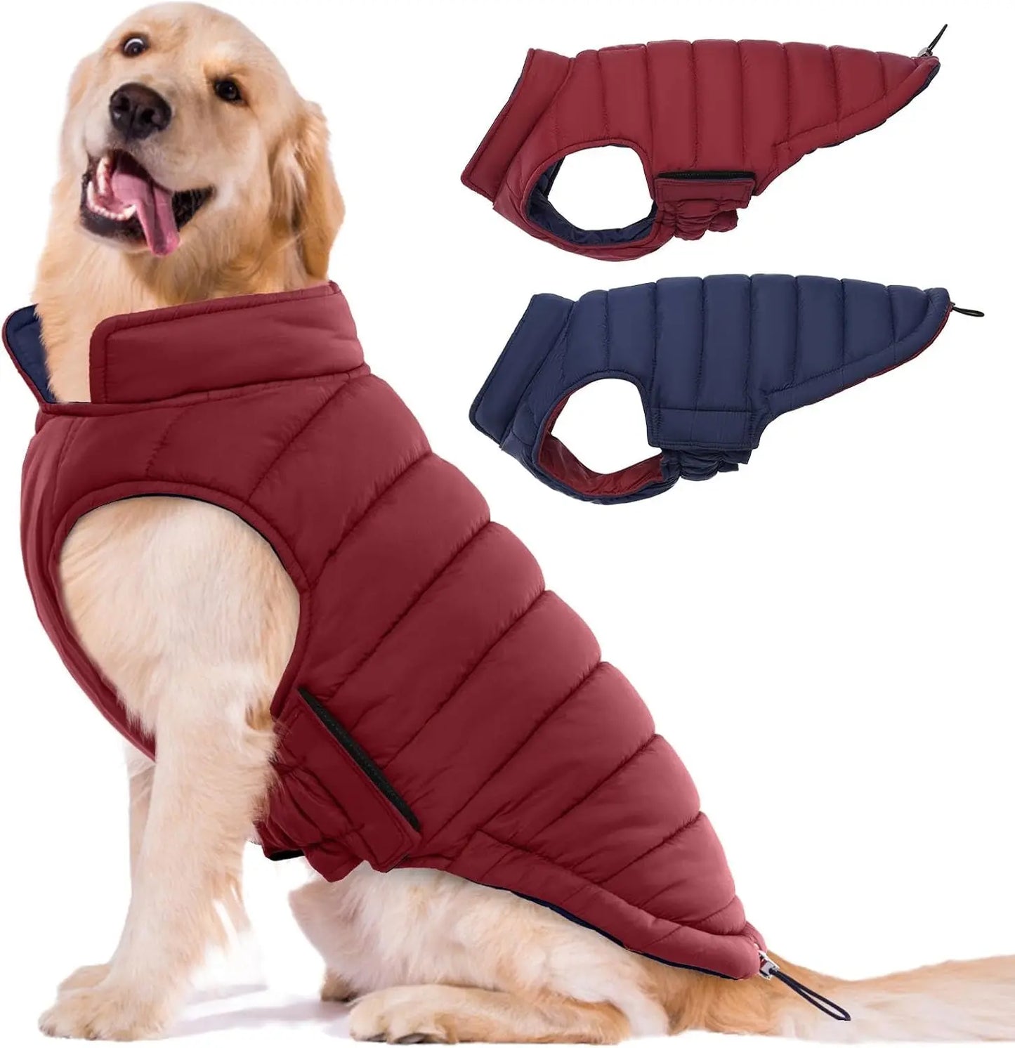 Lelepet Waterproof Reversible Dog Coat – Winter Puffer Vest, 2-in-1, XS-3X Wine Red