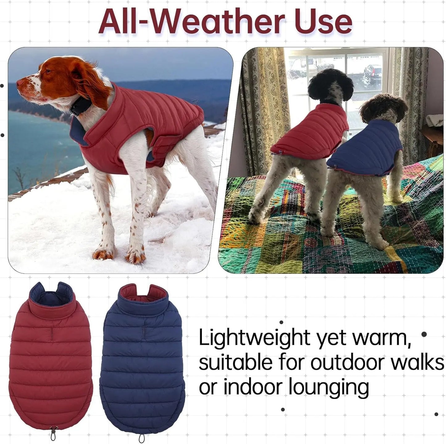 Lelepet Waterproof Reversible Dog Coat – Winter Puffer Vest, 2-in-1, XS-3X