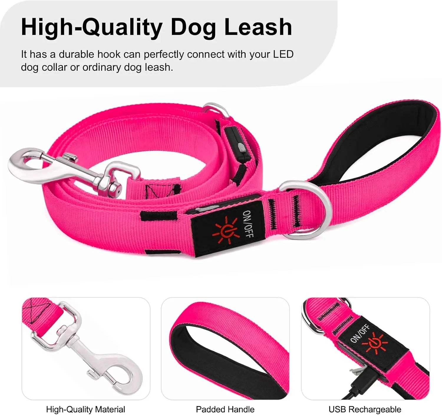 Light Up LED Dog Leash 6FT – USB Rechargeable Glow Leash for Night Safety
