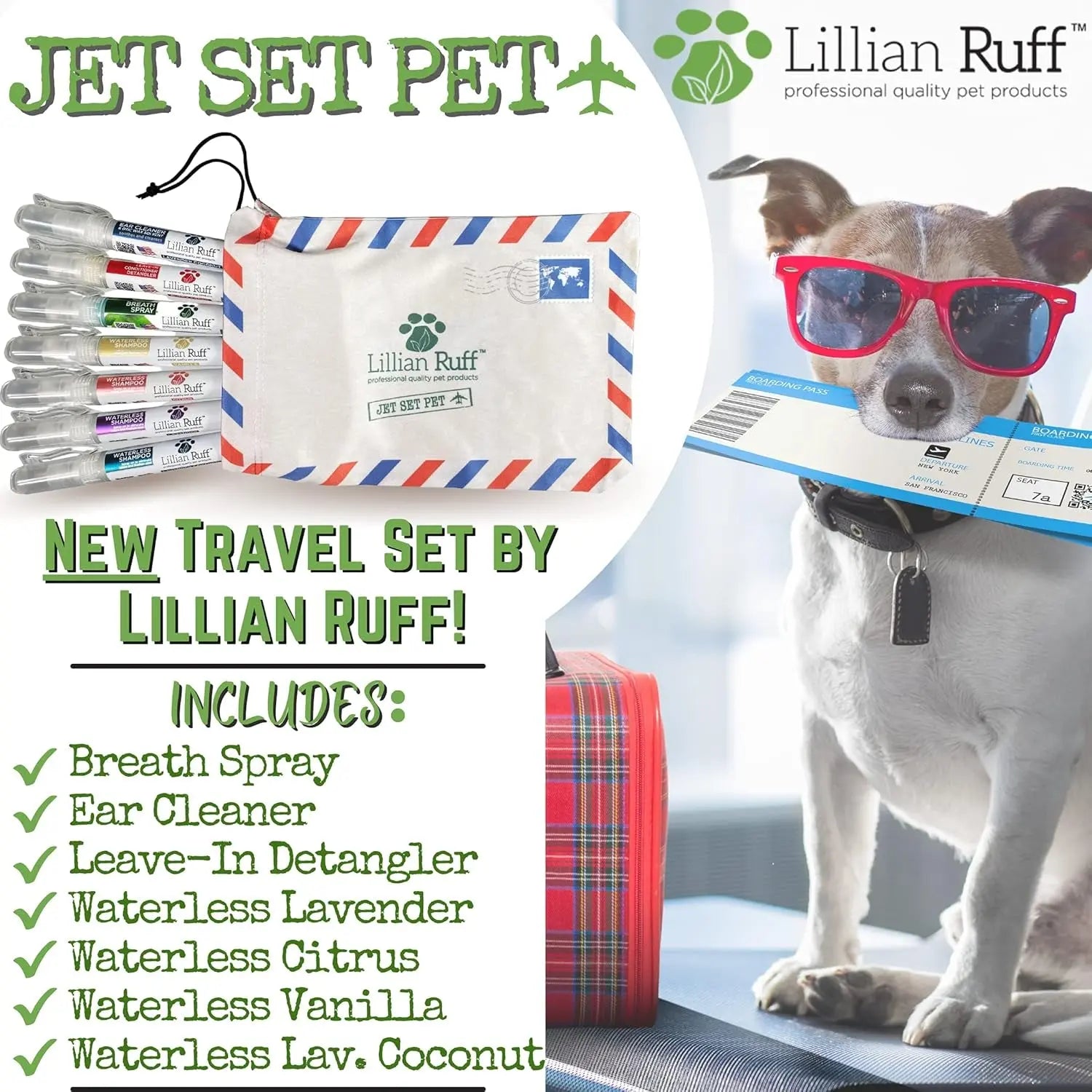 Lillian Ruff TSA Dog Travel Grooming Kit Waterless Shampoo Breath Ear Care Set