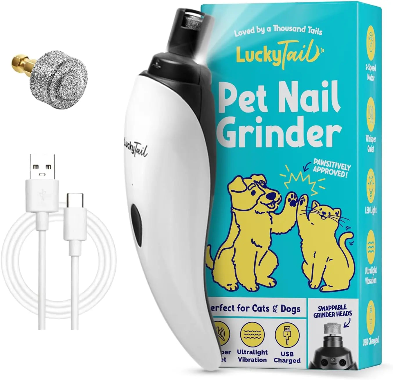Luckytail Pet Nail Grinder Quiet USB Rechargeable 2 LED 2 Speeds White