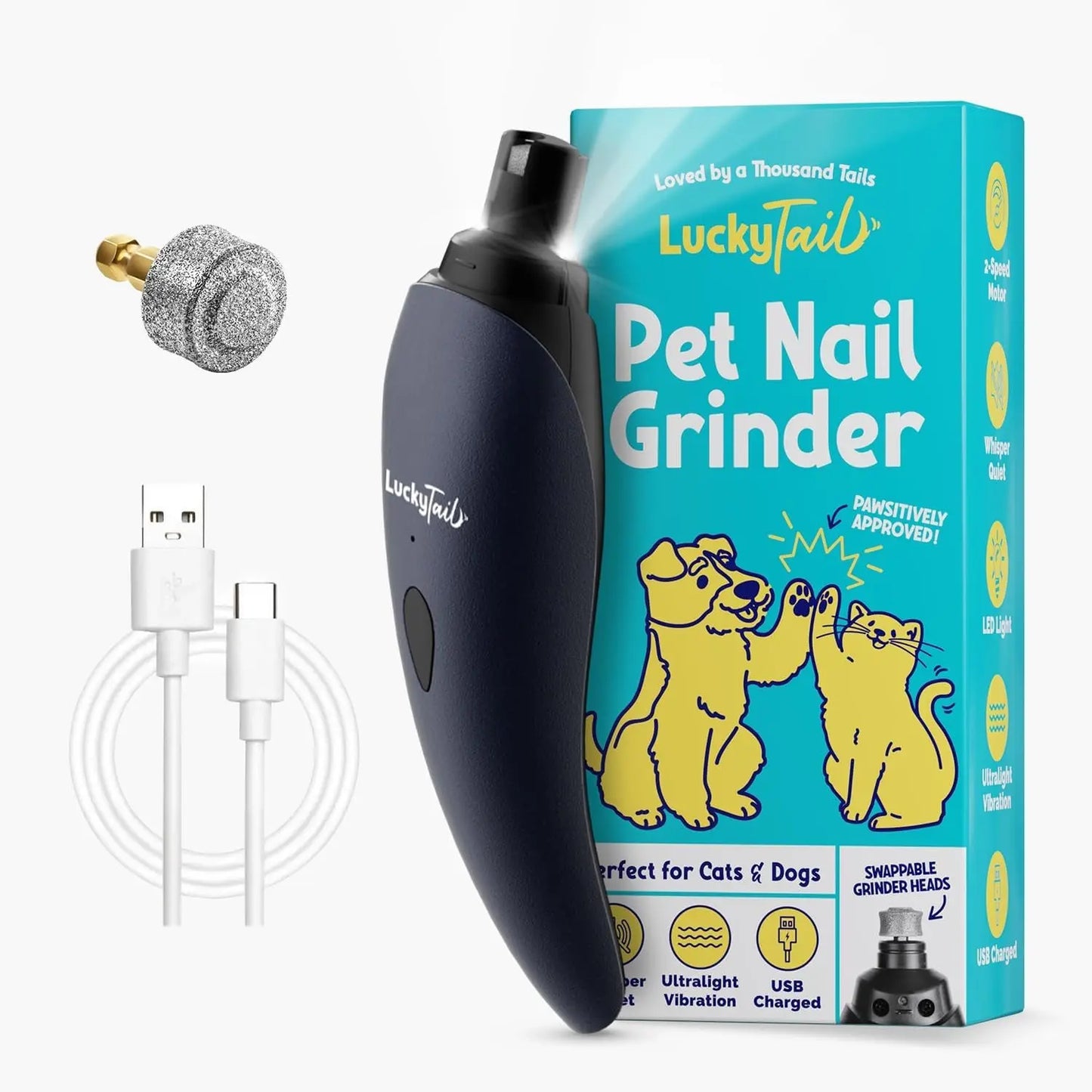 Luckytail Pet Nail Grinder Quiet USB Rechargeable 2 LED 2 Speeds Dark Blue